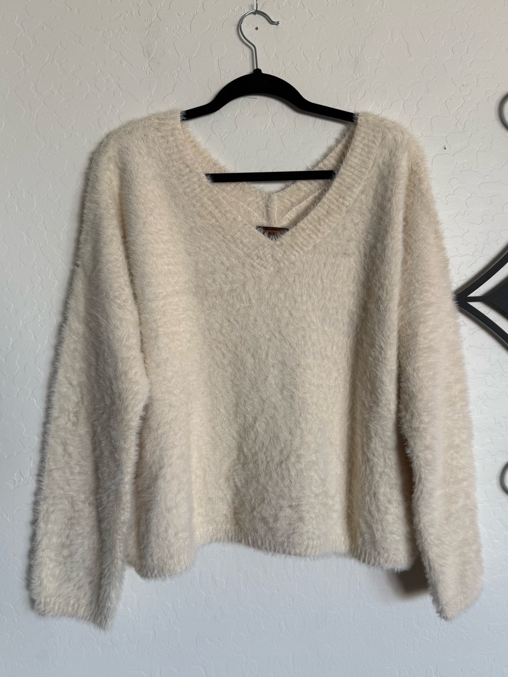 POL Cream Eyelash Fuzzy Knit Oversized V-Neck & V-Back Sweater - Small